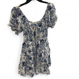 White & Blue Floral Babydoll Dress | Drawstring Neckline